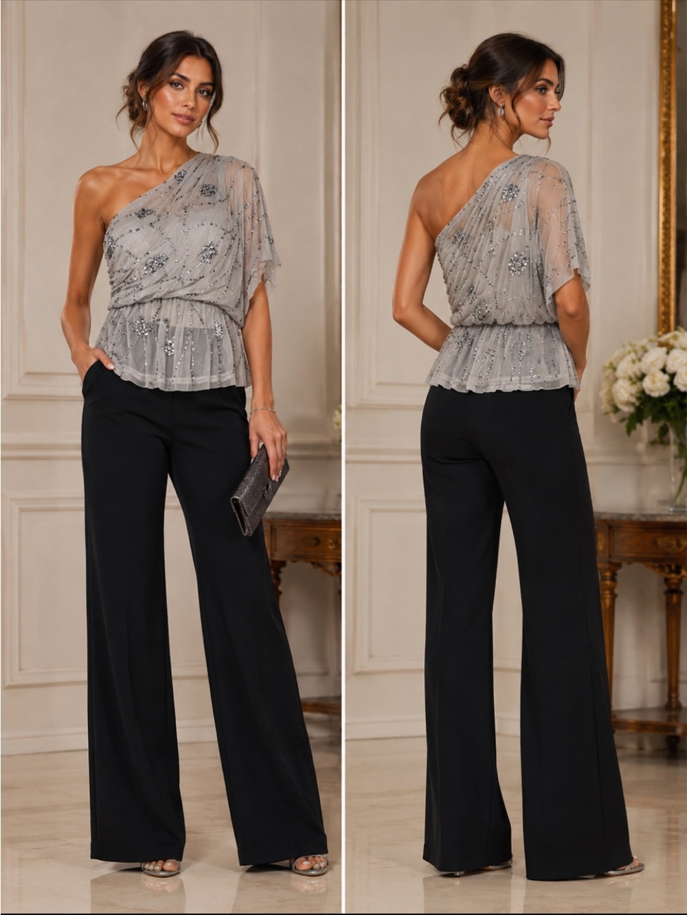 Adrianna Papell asymmetrical one shoulder peplum top